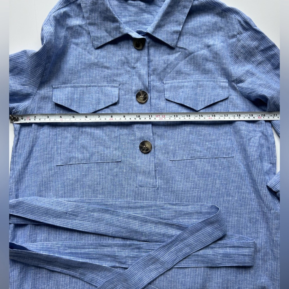 Zara linen cotton blend Shirt Dress Blue Button-Up belter striped small - Picture 6 of 9